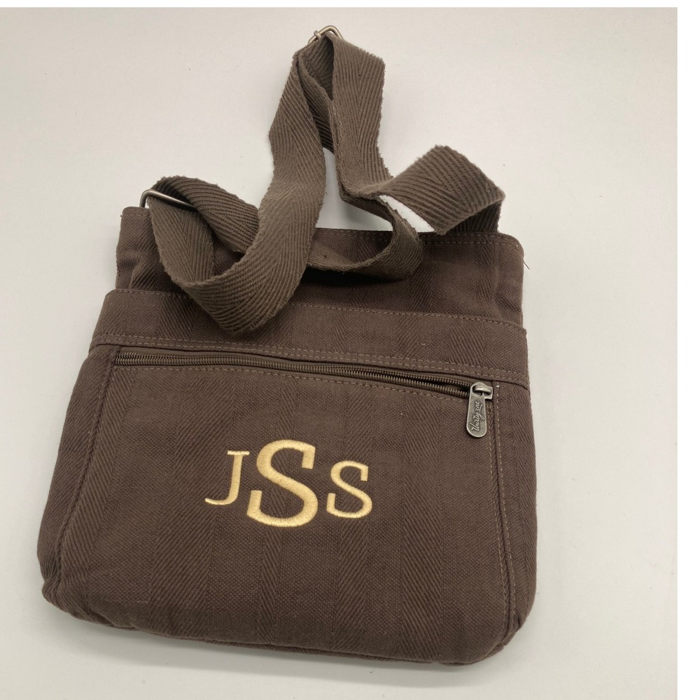 Thirty-One Brown Canvas Monogram JSS Crossbody Bag Herringbone Zip Pocket